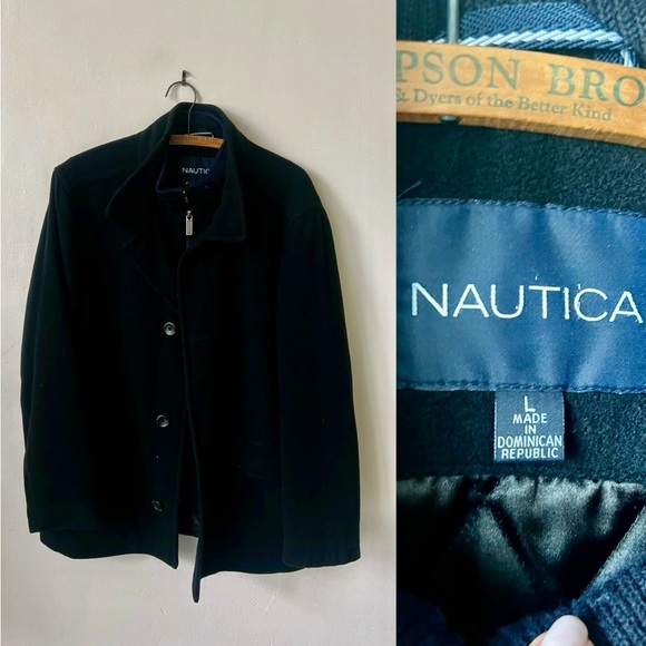 Men’s Nautica Zipper and Button Black Wool Pea Coat - Picture 1 of 9